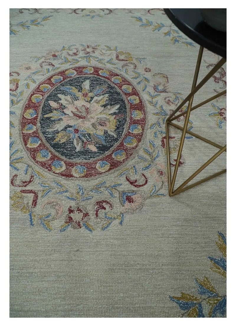 Antique Style Beige and Charcoal Aubusson design Hand Tufted 8x10 wool Area Rug by The Rug Decor