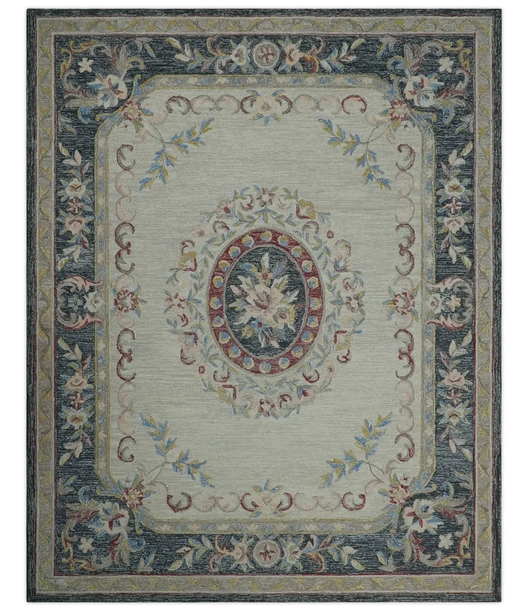 Antique Style Beige and Charcoal Aubusson design Hand Tufted 8x10 wool Area Rug by The Rug Decor
