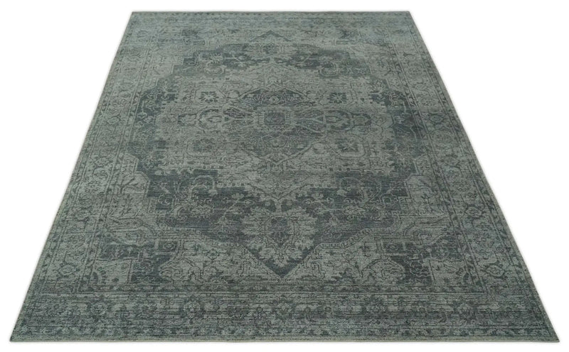 Antique Style Charcoal and Silver Traditional Heriz Medallion 8x10 wool Area Rug by The Rug Decor