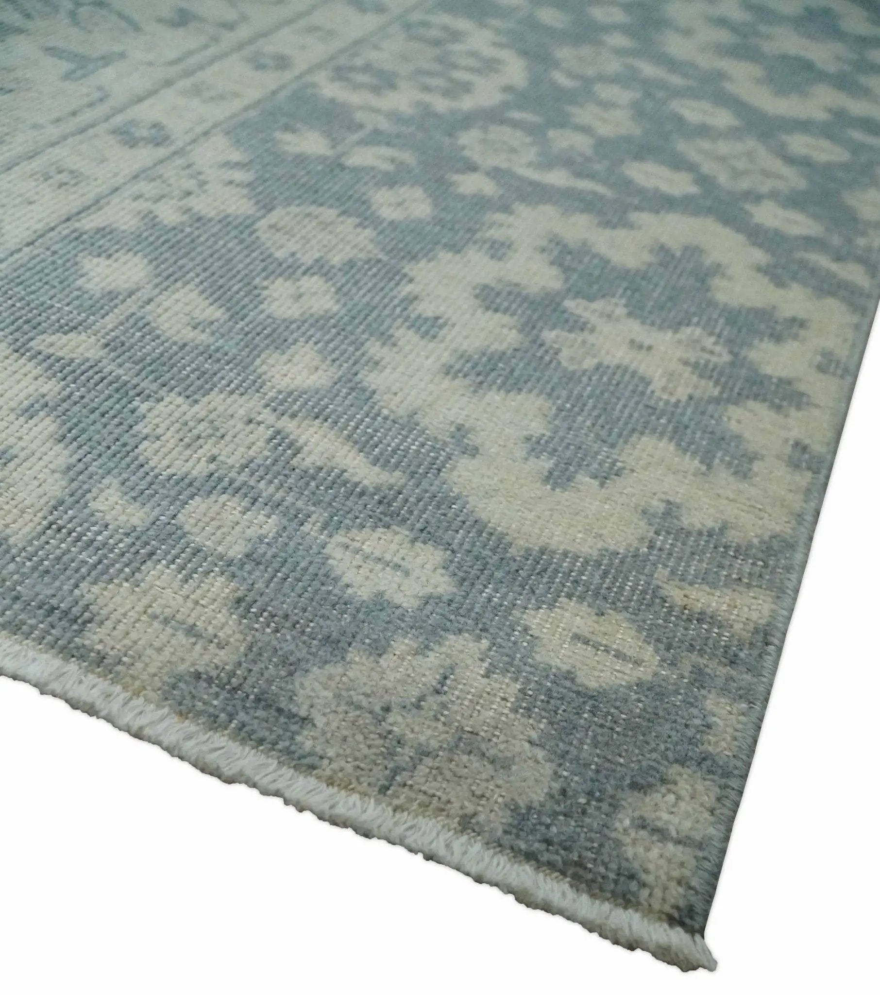 Antique Style Ivory and Charcoal Hand Knotted Traditional Oushak 2x4 wool Bedside Rug by The Rug Decor