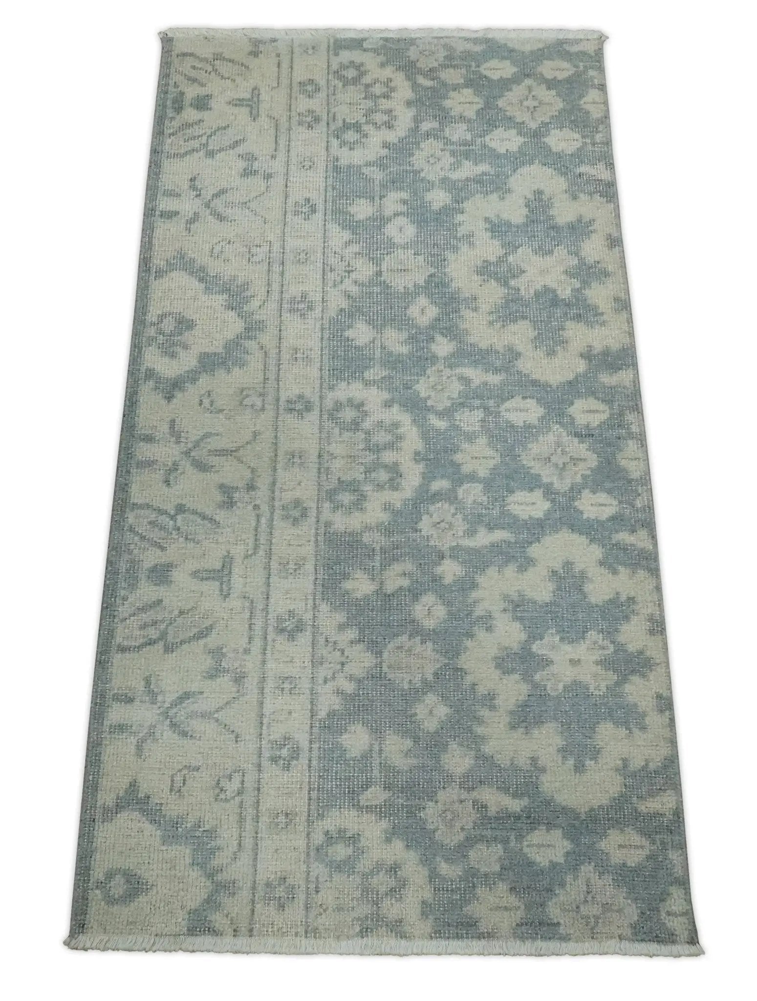 Antique Style Ivory and Charcoal Hand Knotted Traditional Oushak 2x4 wool Bedside Rug by The Rug Decor