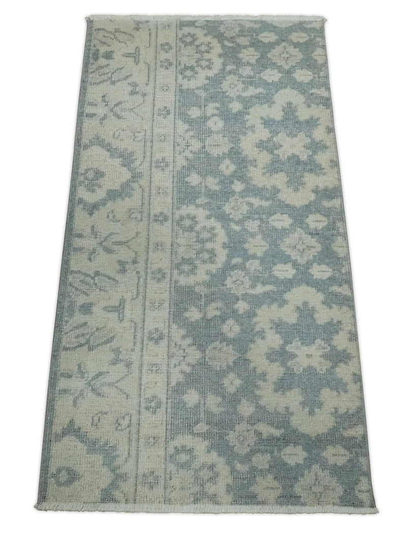 Antique Style Ivory and Charcoal Hand Knotted Traditional Oushak 2x4 wool Bedside Rug by The Rug Decor