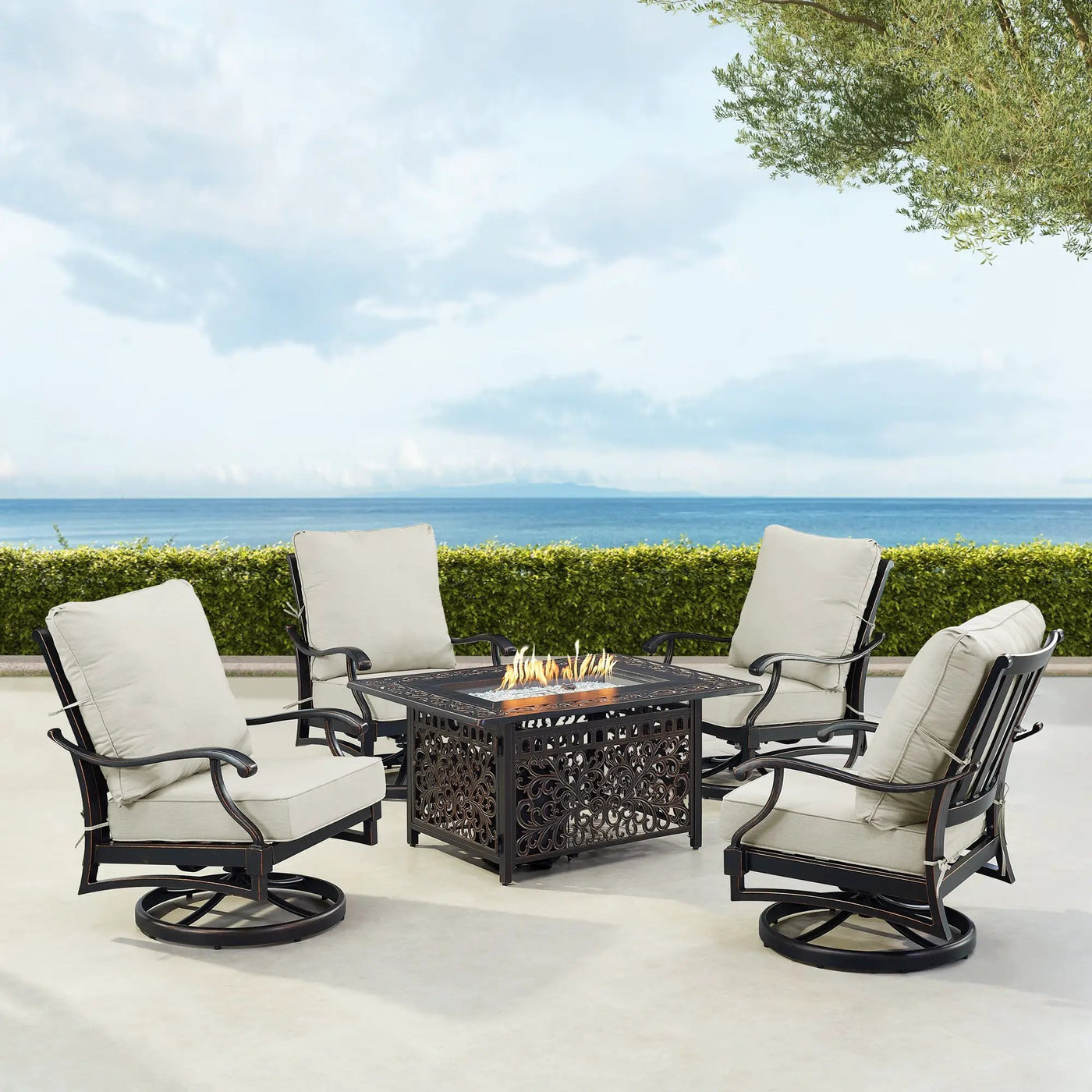 Black Aluminum Fire Table Set with Four Club Chairs by Sharicks