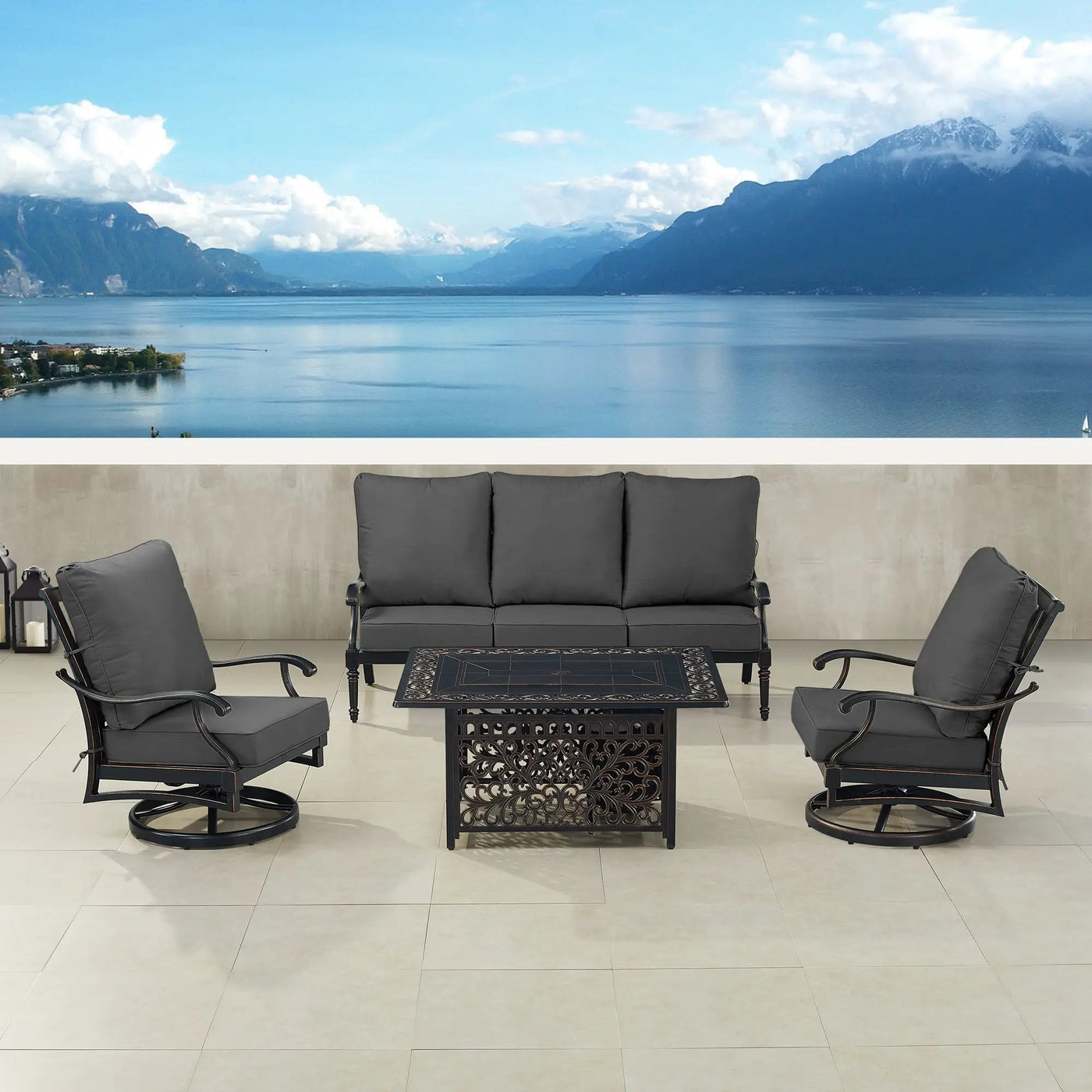 Black Aluminum Fire Table Set with Sofa and Two Club Chairs by Sharicks