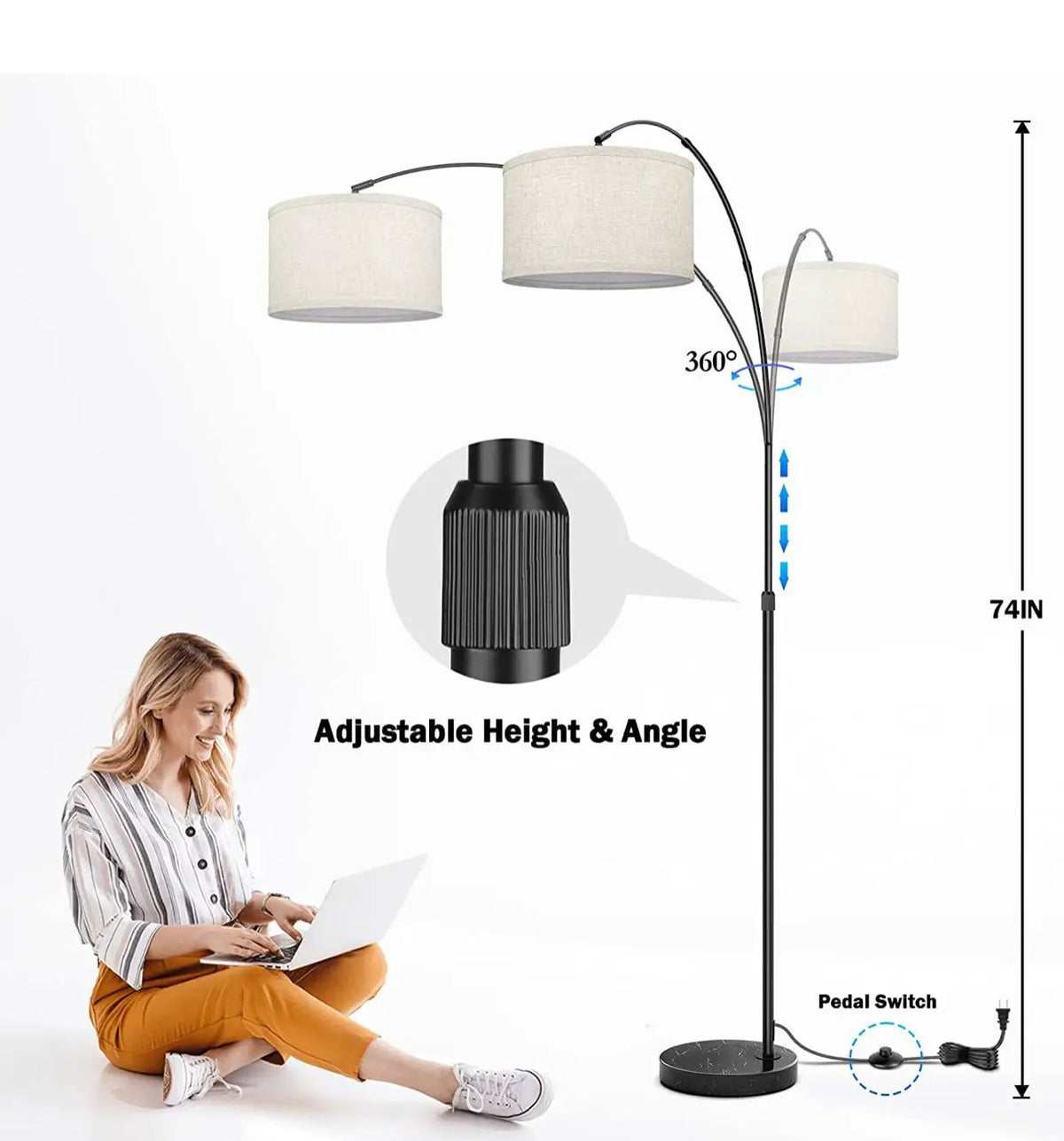 Arc Floor Lamp Modern Standing Lamp for Living Room Dimmable 74” Tall by Outdoor Solar Outlet