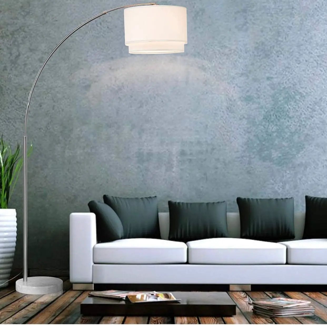 Arc Floor Lamp with Unique Hanging Drum - Arching Over The Couch by Outdoor Solar Outlet