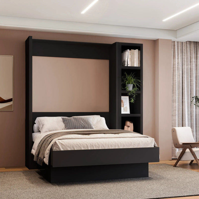 Easy-Lift Full Murphy Wall Bed in Black with Bookshelf by Sharicks