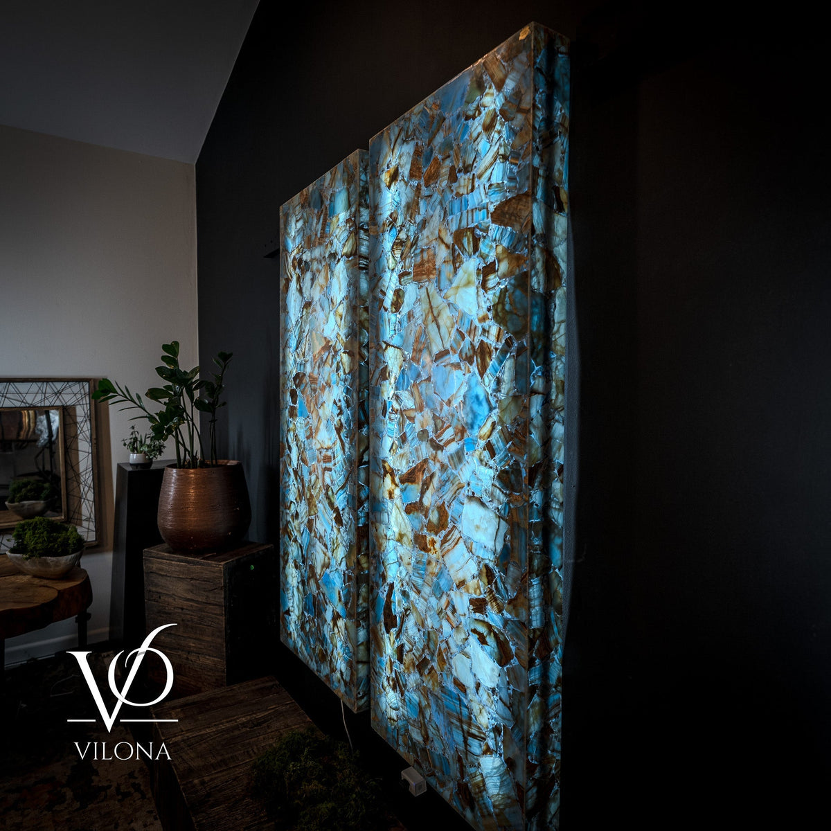 Argentina Blue Onyx Mosaic Wall Panels | Luxury Backlit Stone Wall Art, photo 2 of 9