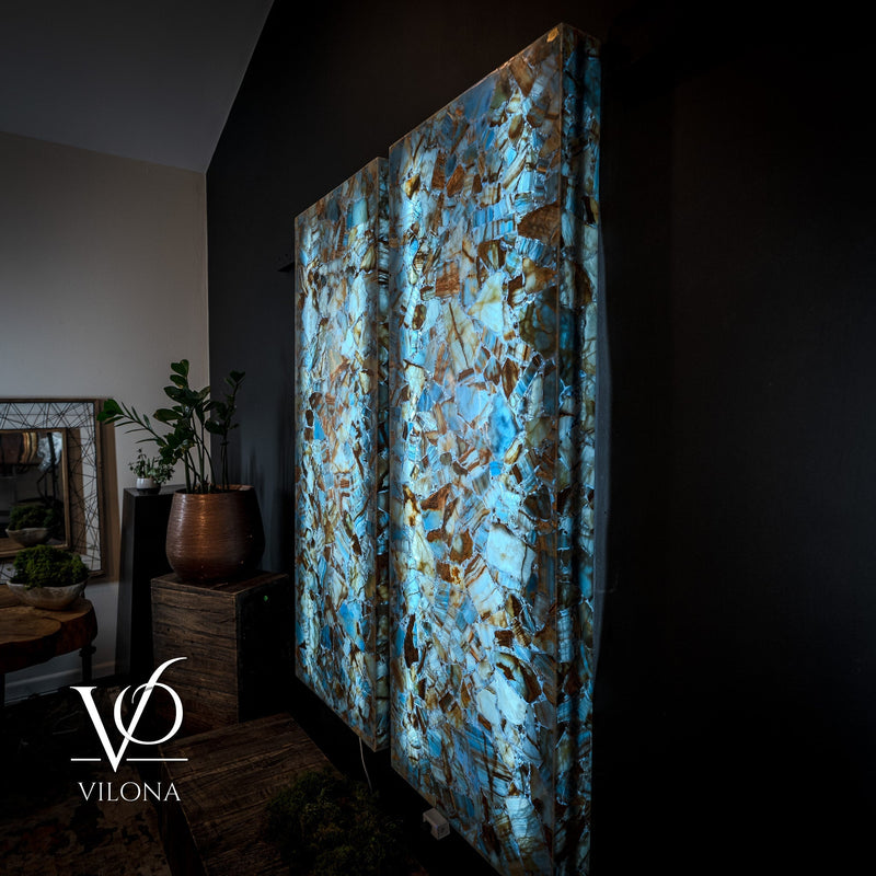 Argentina Blue Onyx Mosaic Wall Panels | Luxury Backlit Stone Wall Art, photo 2 of 9
