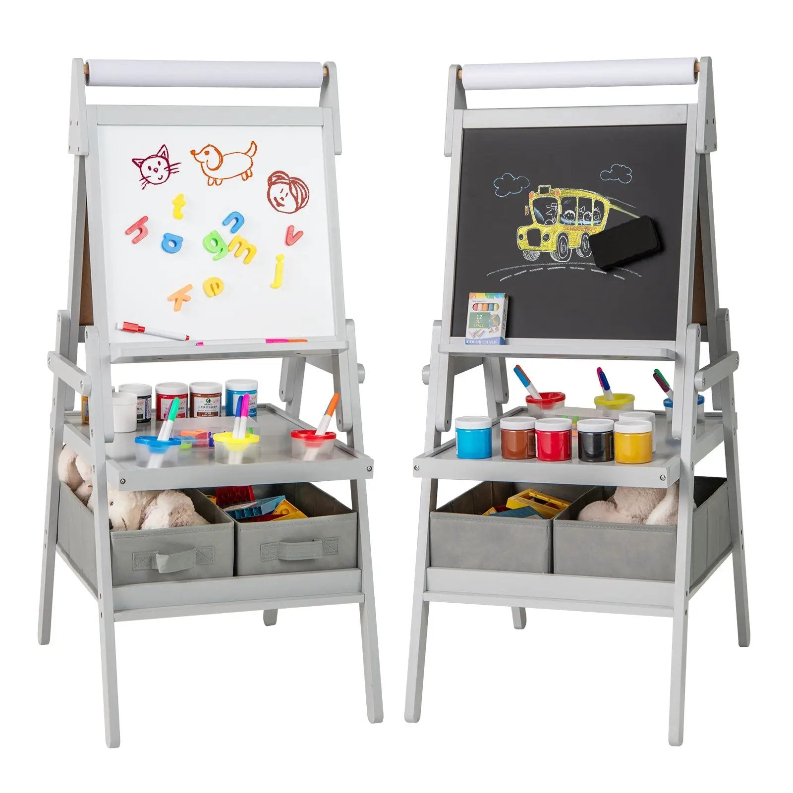 3-in-1 Art Easel for Kids with Magnetic Chalkboard and Whiteboard-Gray by DirectDeals