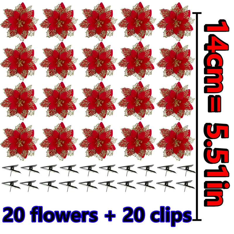 Artificial Christmas Flowers, 14cm Red with Golden Edges and Clips by House Of Avana