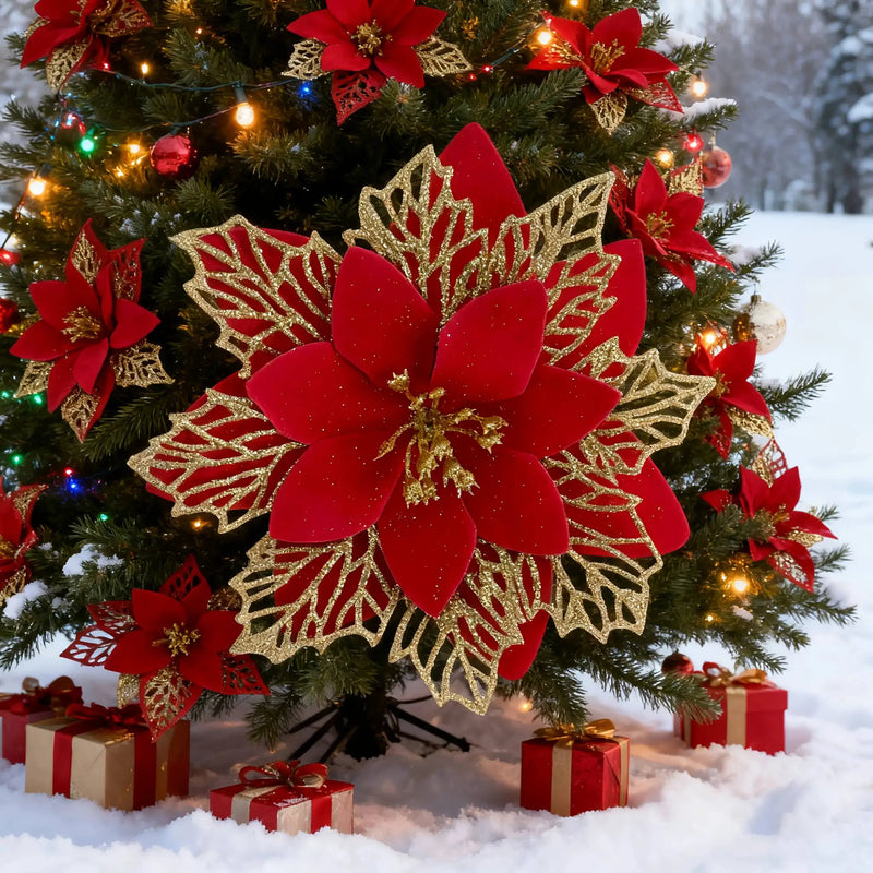 Artificial Christmas Flowers, 14cm Red with Golden Edges and Clips by House Of Avana