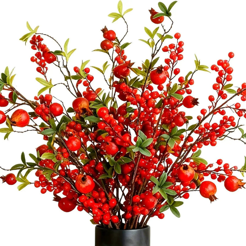 Artificial Floral Pomegranate Decoration with Red Winterberry Berries and Dark Stems by House Of Avana