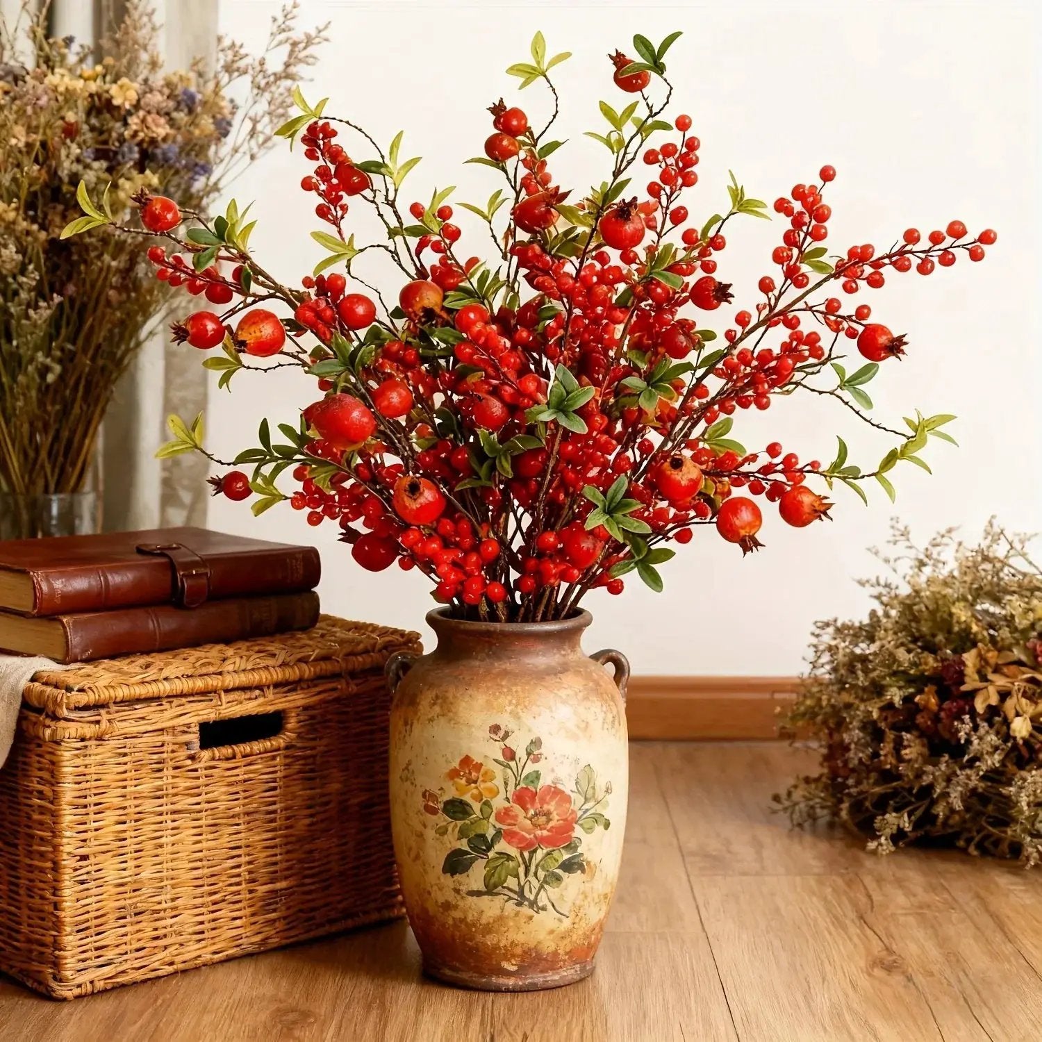 Artificial Floral Pomegranate Decoration with Red Winterberry Berries and Dark Stems by House Of Avana