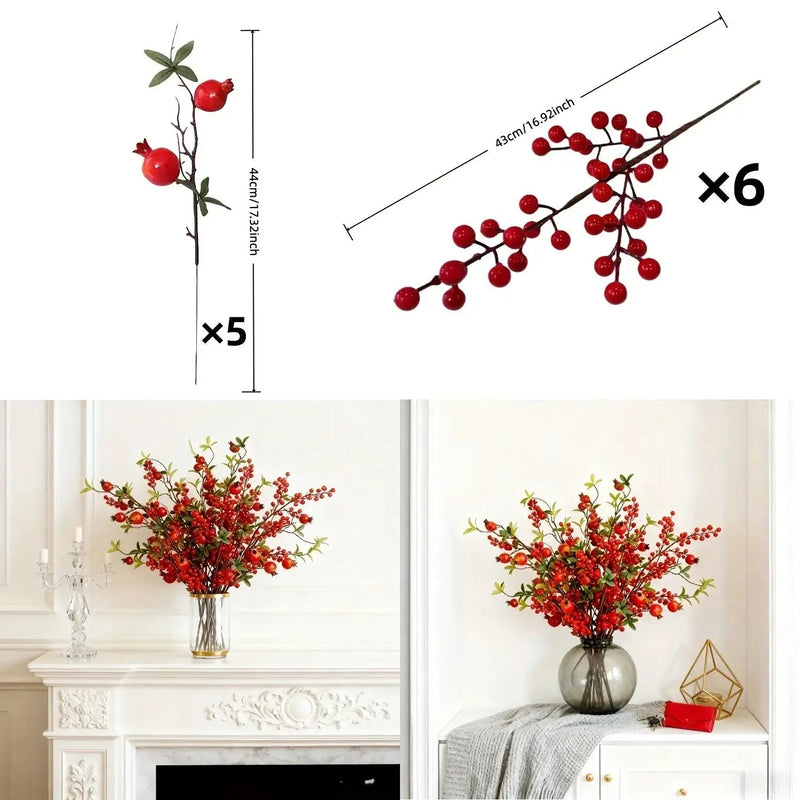 Artificial Floral Pomegranate Decoration with Red Winterberry Berries and Dark Stems by House Of Avana