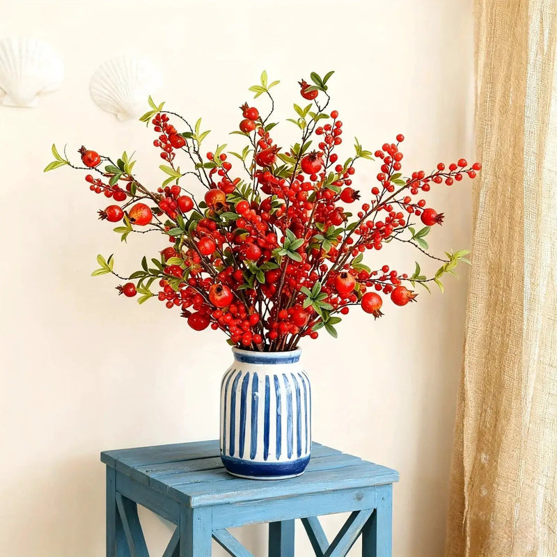 Artificial Floral Pomegranate Decoration with Red Winterberry Berries and Dark Stems by House Of Avana