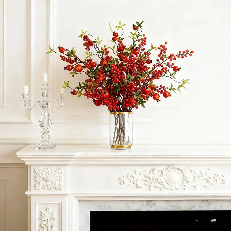 Artificial Floral Pomegranate Decoration with Red Winterberry Berries and Dark Stems by House Of Avana