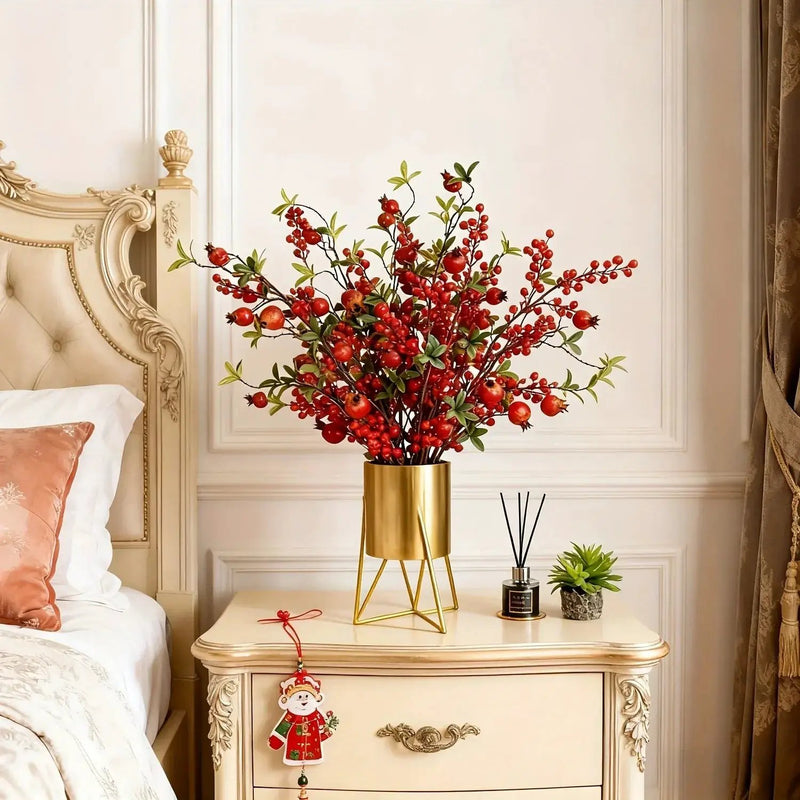Artificial Floral Pomegranate Decoration with Red Winterberry Berries and Dark Stems by House Of Avana
