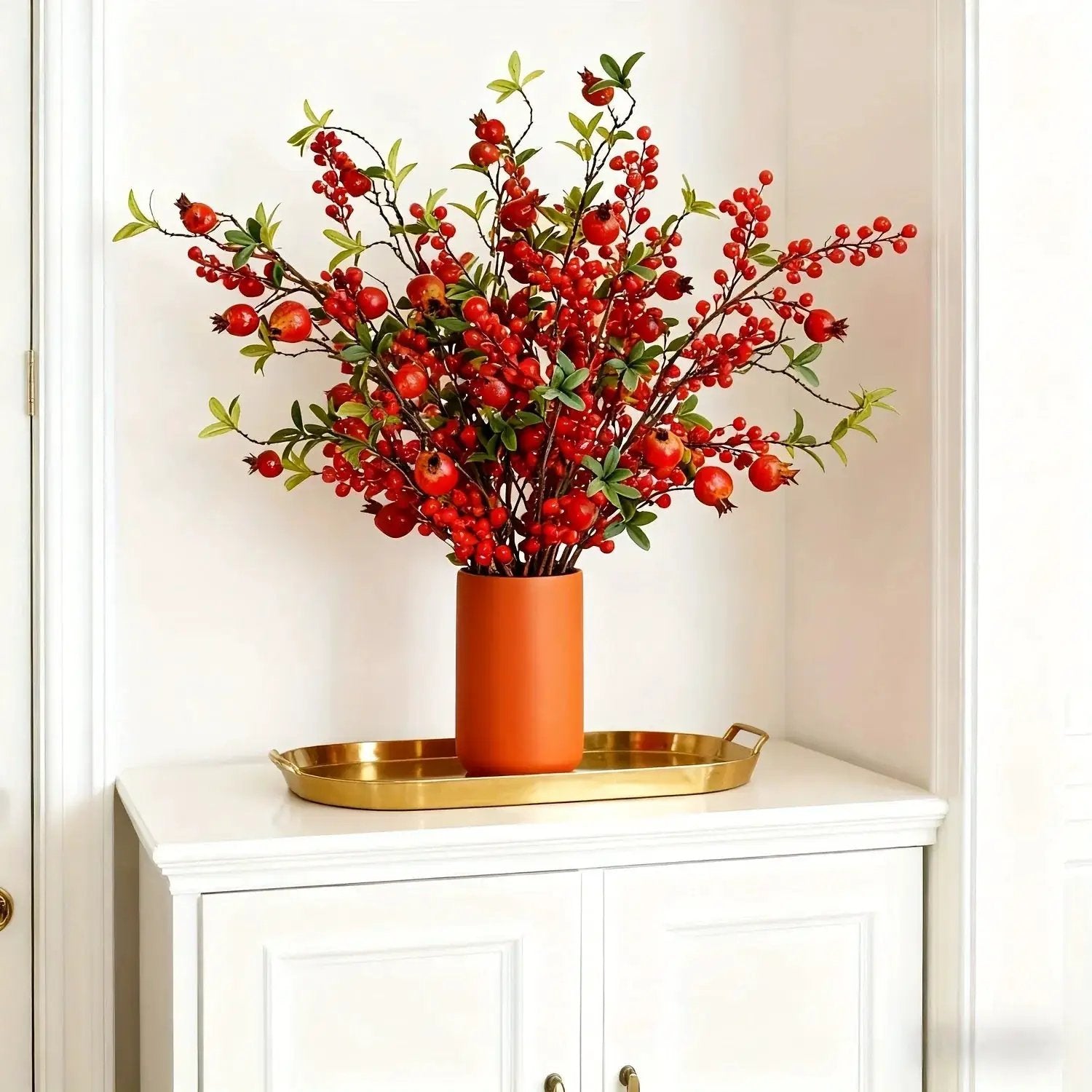 Artificial Floral Pomegranate Decoration with Red Winterberry Berries and Dark Stems by House Of Avana
