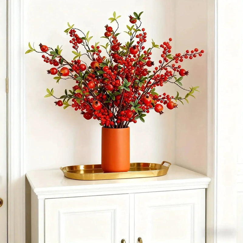 Artificial Floral Pomegranate Decoration with Red Winterberry Berries and Dark Stems by House Of Avana