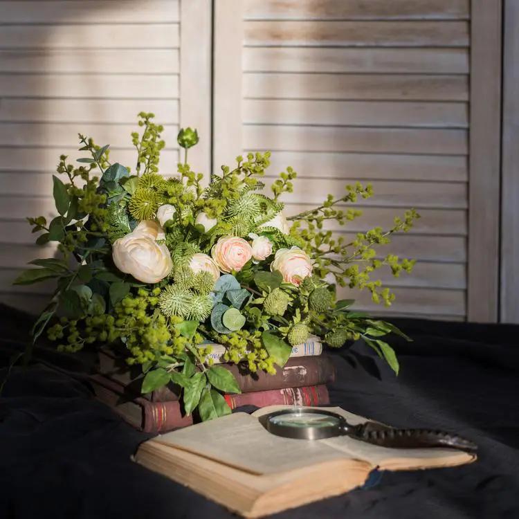 Artificial Flower Bouquet Greenery White Rose Bouquet 13" Tall by RusticReach