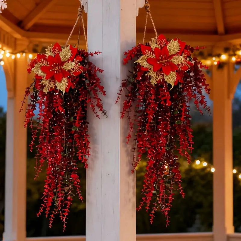 Artificial Flower Garland, Red and Golden-Pink Eucalyptus Poinsettia, 81cm Maintenance-Free by House Of Avana