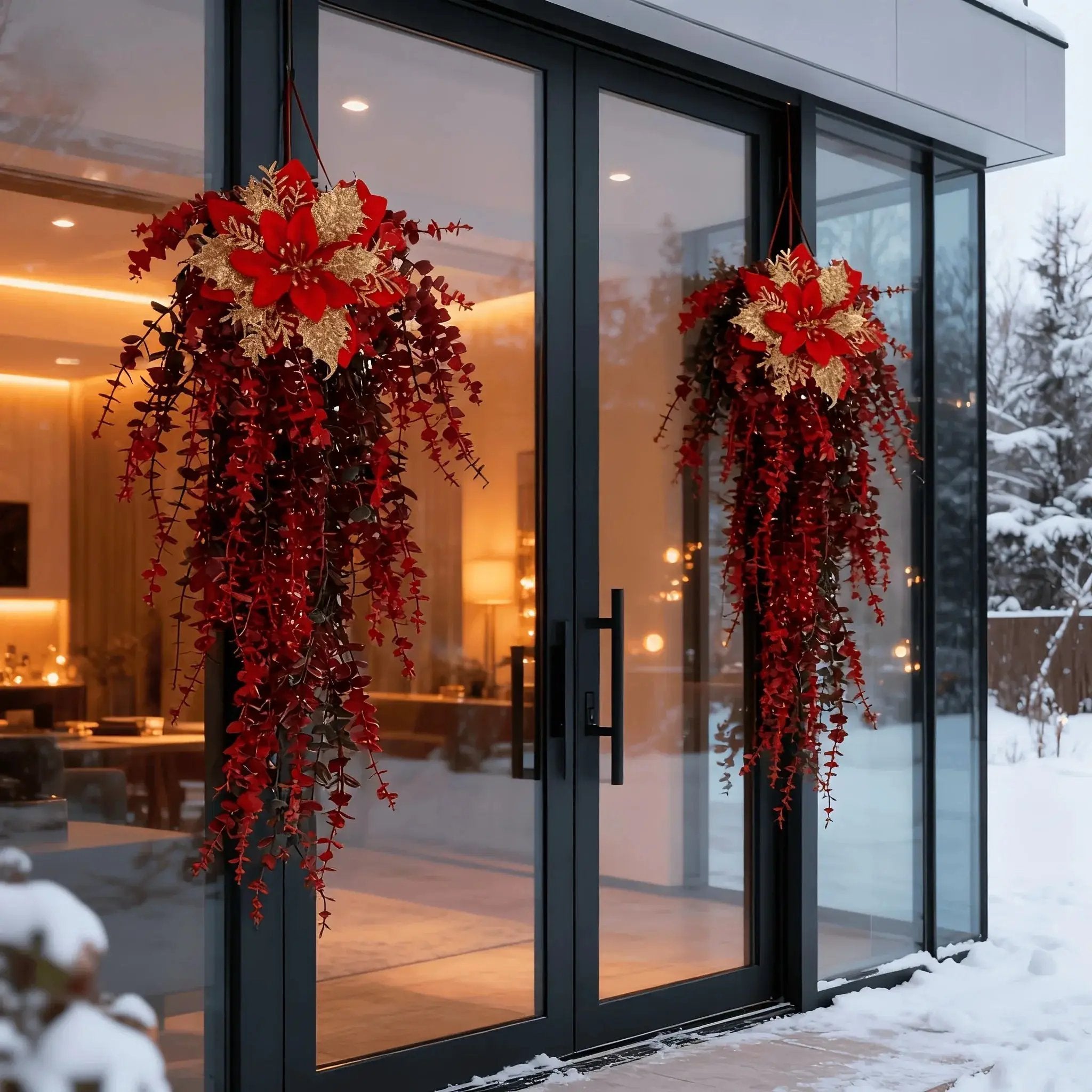 Artificial Flower Garland, Red and Golden-Pink Eucalyptus Poinsettia, 81cm Maintenance-Free by House Of Avana