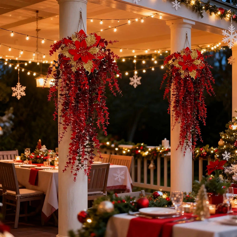 Artificial Flower Garland, Red and Golden-Pink Eucalyptus Poinsettia, 81cm Maintenance-Free by House Of Avana