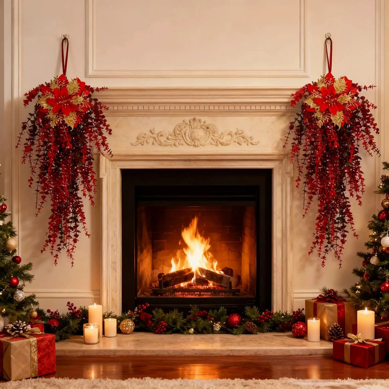 Artificial Flower Garland, Red and Golden-Pink Eucalyptus Poinsettia, 81cm Maintenance-Free by House Of Avana