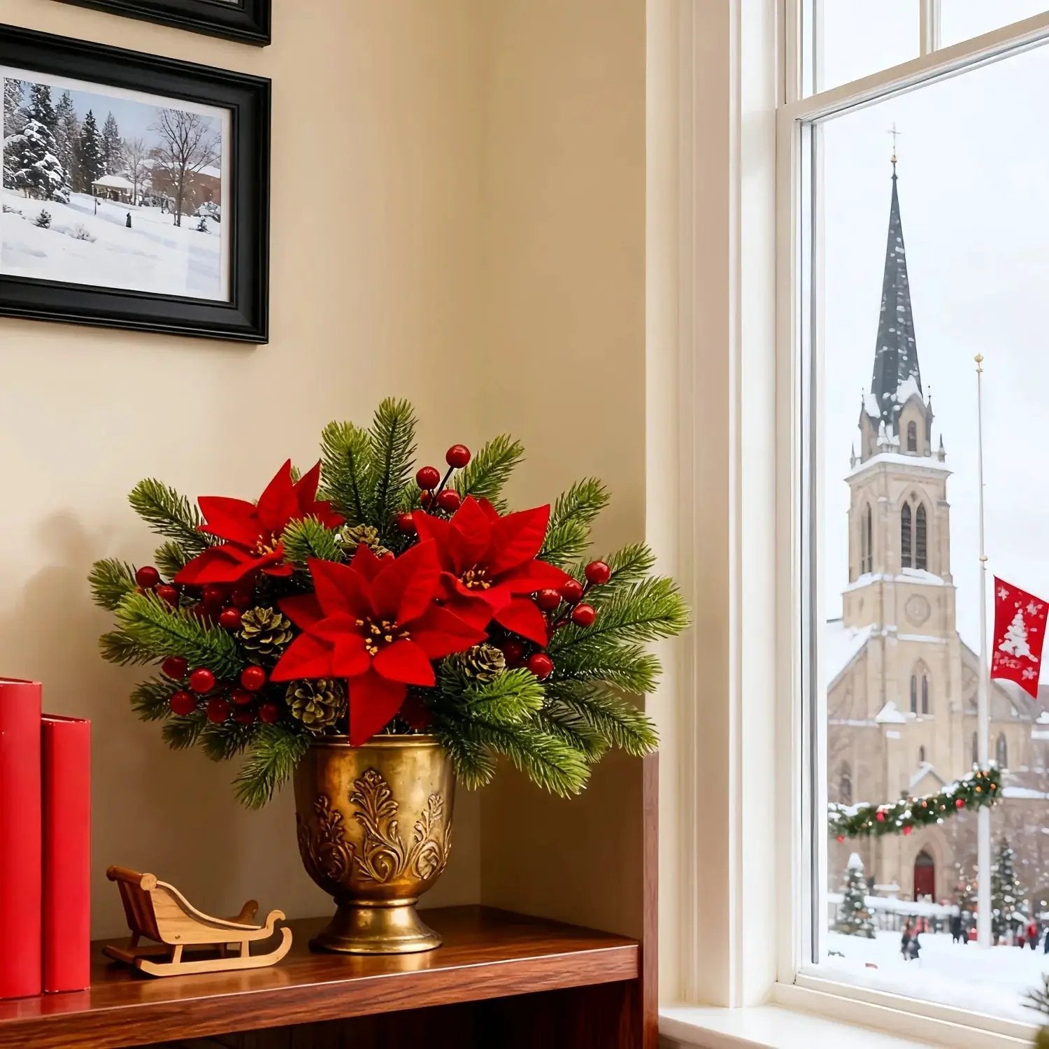 Artificial Flowers, Poinsettia Set of 5 Branches with Pine by House Of Avana