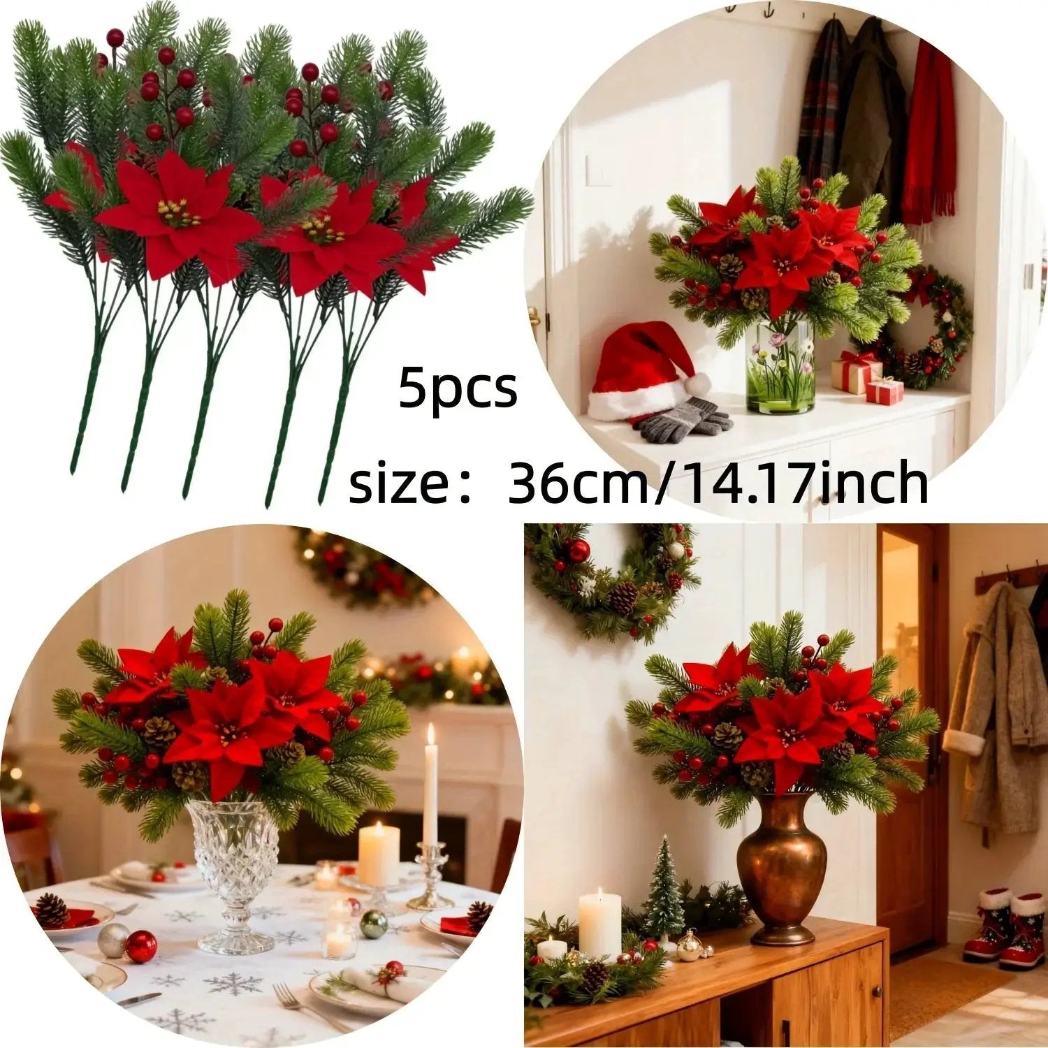 Artificial Flowers, Poinsettia Set of 5 Branches with Pine by House Of Avana