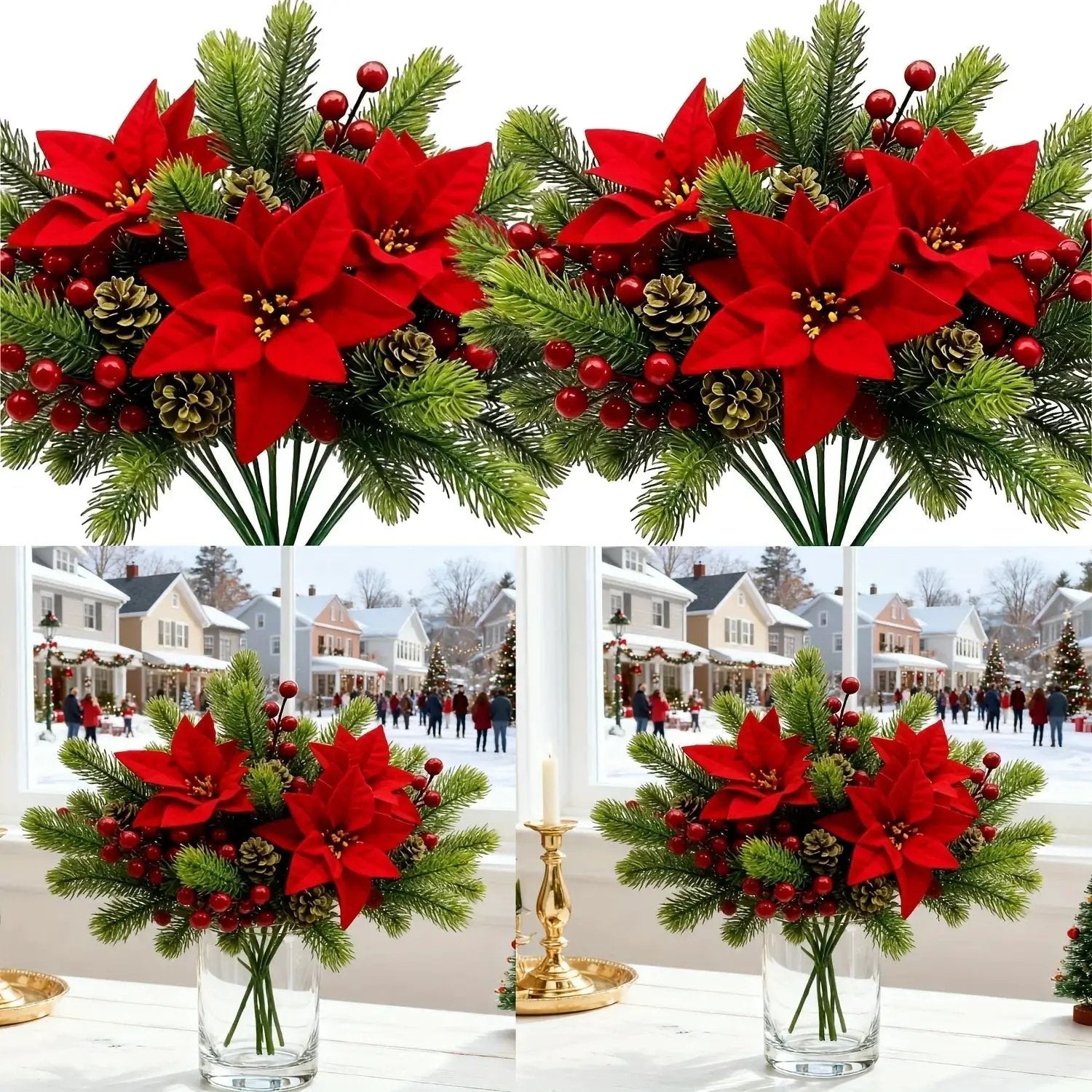 Artificial Flowers, Poinsettia Set of 5 Branches with Pine by House Of Avana