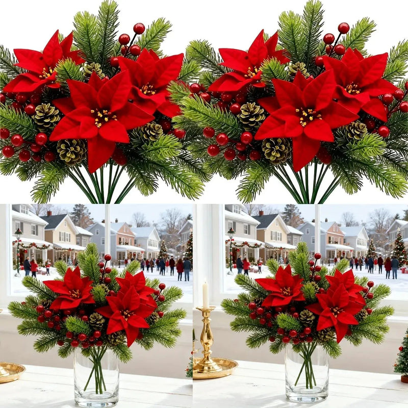 Artificial Flowers, Poinsettia Set of 5 Branches with Pine by House Of Avana