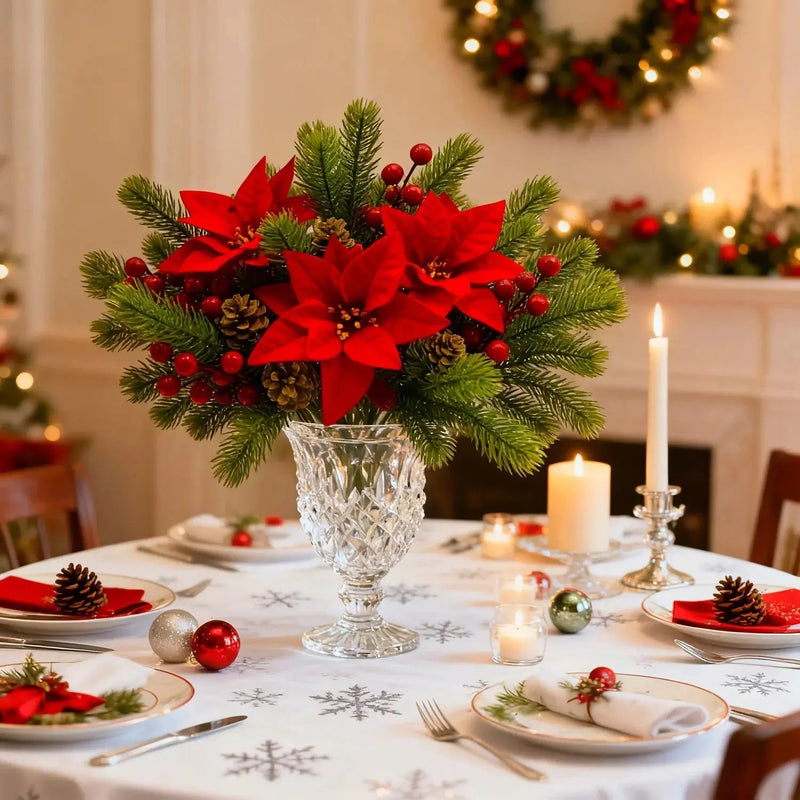 Artificial Flowers, Poinsettia Set of 5 Branches with Pine by House Of Avana