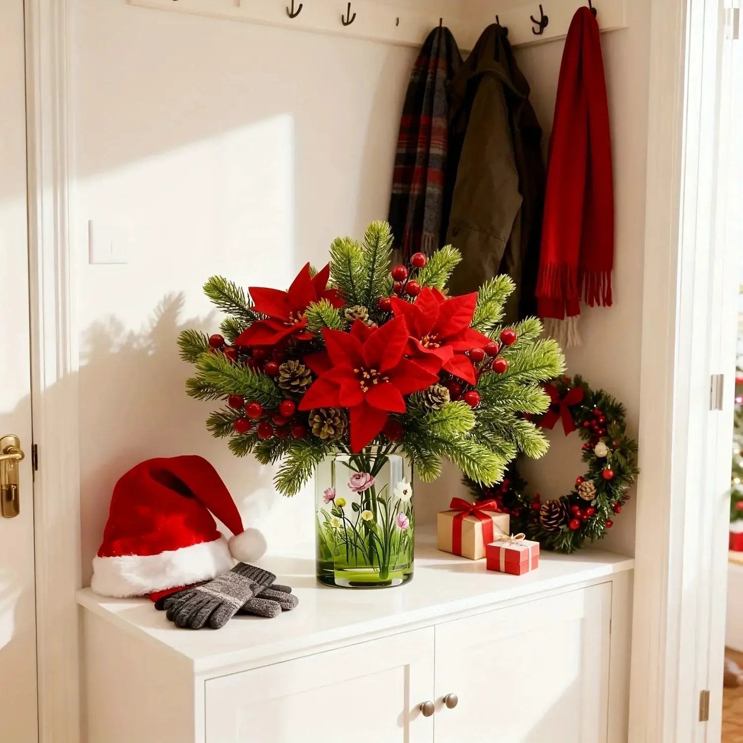 Artificial Flowers, Poinsettia Set of 5 Branches with Pine by House Of Avana