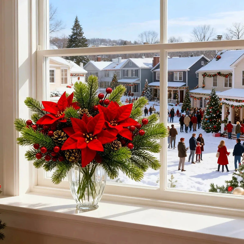 Artificial Flowers, Poinsettia Set of 5 Branches with Pine by House Of Avana