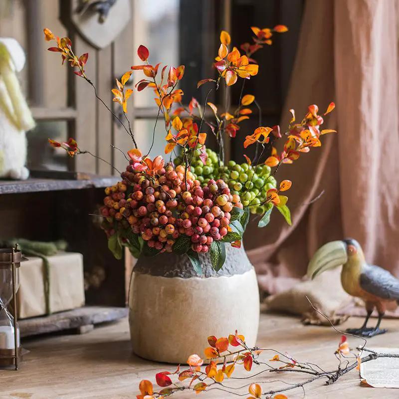 Artificial Fruit Berry Bunch Green and Orange Red 11" Tall Plant Stem by RusticReach