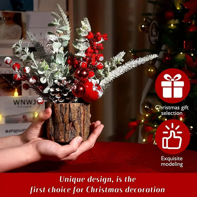 Artificial Mini Christmas Tree Centerpiece with Red Berries, Pine Cones, and Greenery in Faux Tree Stump by House Of Avana