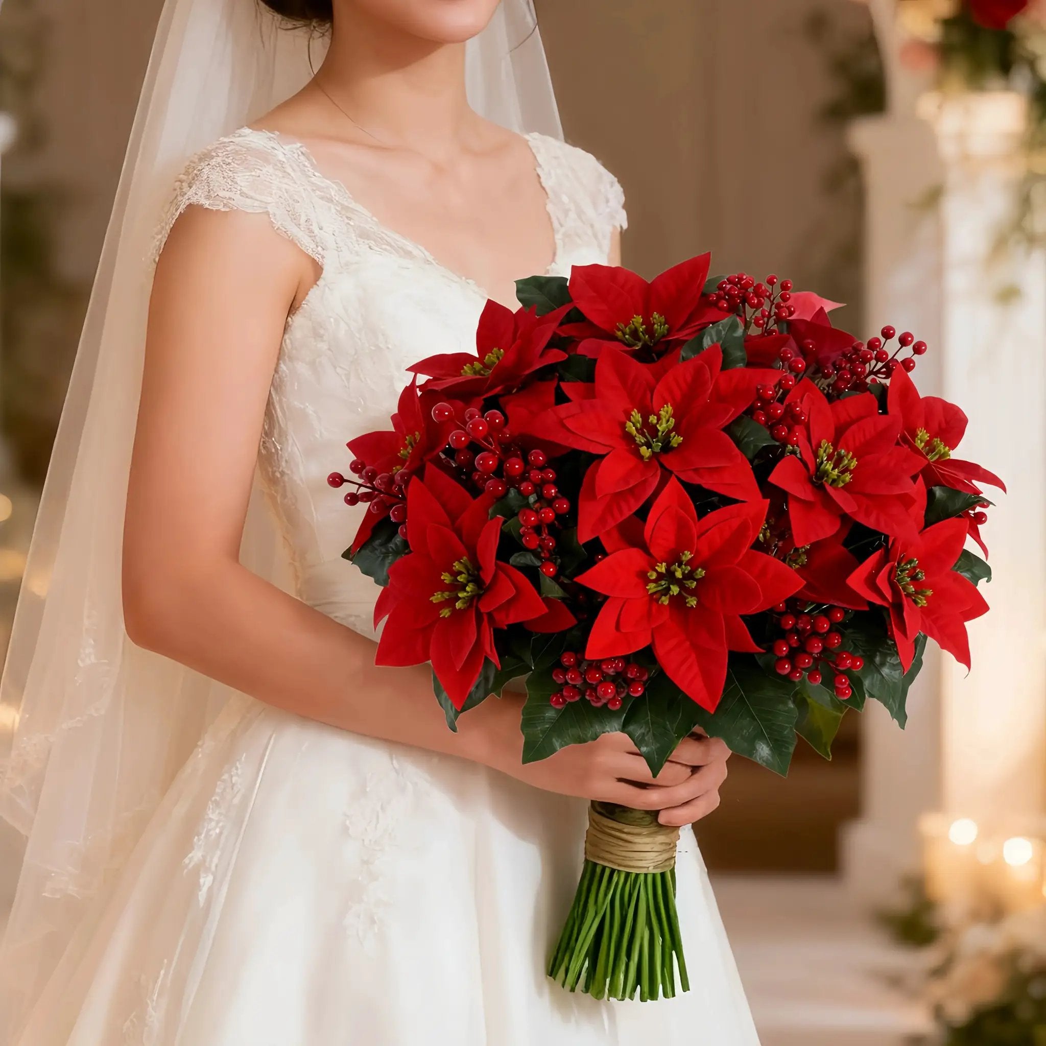 Artificial Poinsettia Flower Bundle - Red 12pc Christmas Wreath with Foliage by House Of Avana