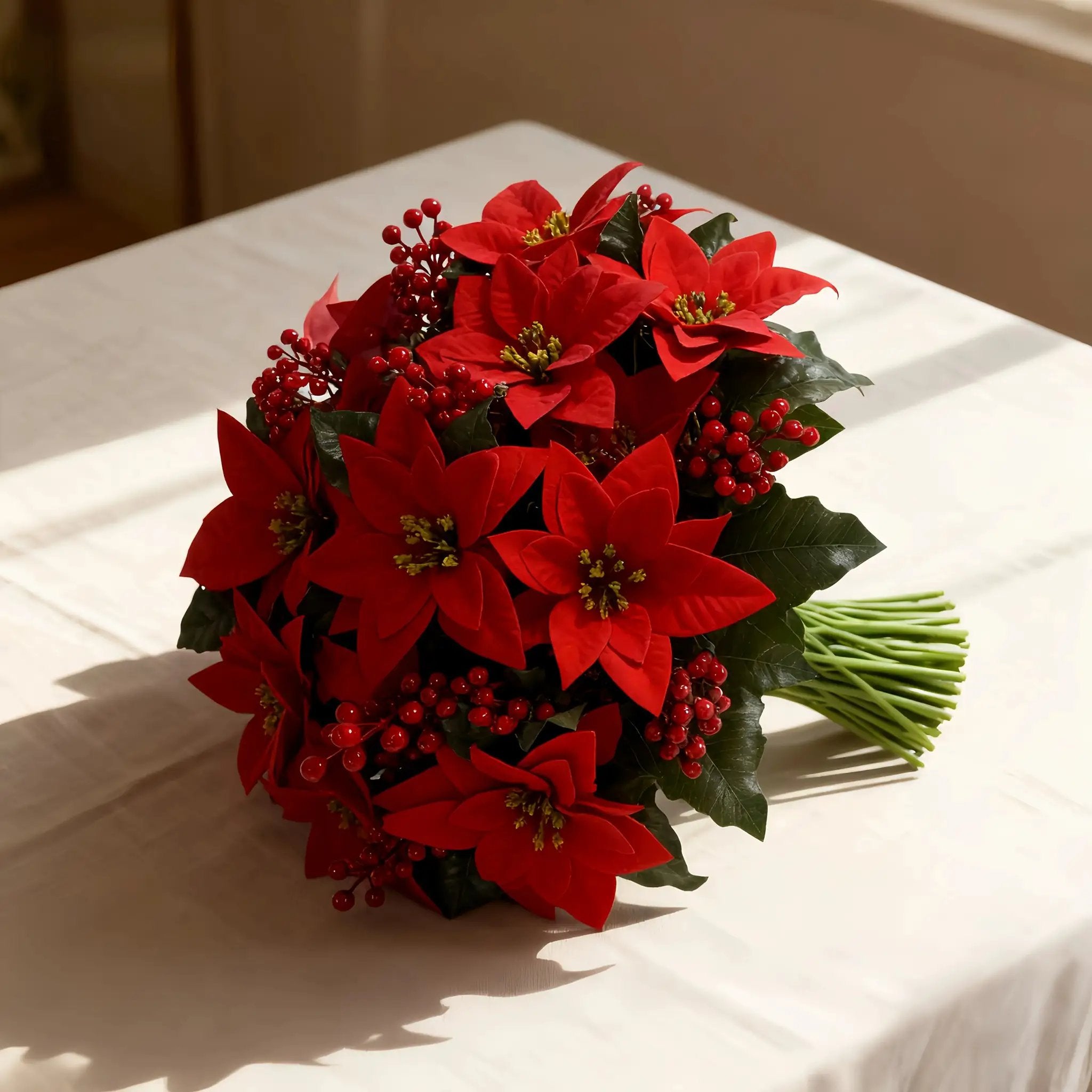 Artificial Poinsettia Flower Bundle - Red 12pc Christmas Wreath with Foliage by House Of Avana