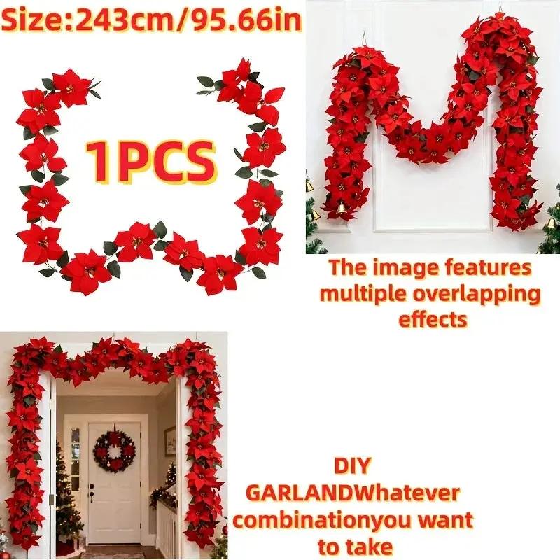 Artificial Poinsettia Wreath 242cm Red and Green Christmas Garland by House Of Avana