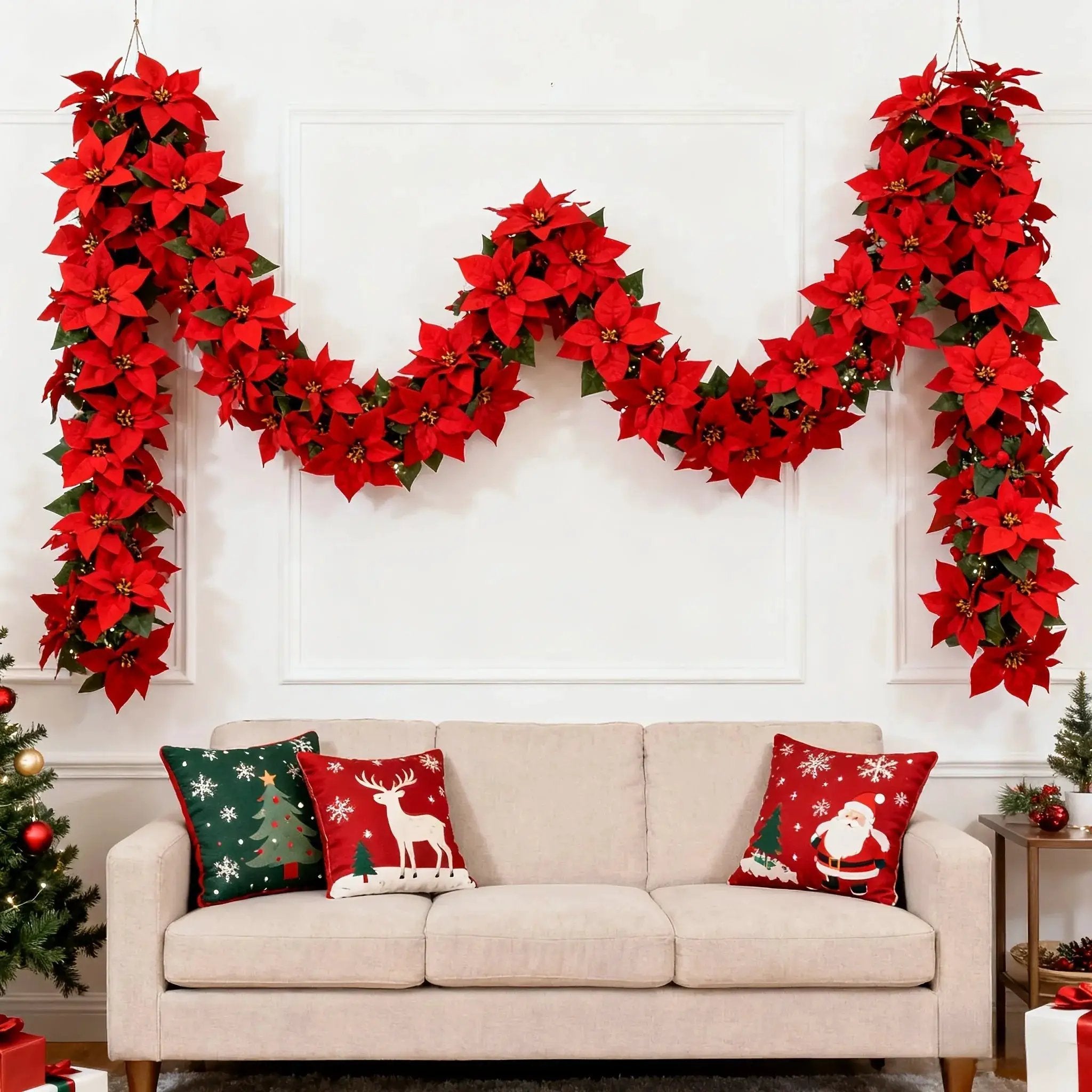 Artificial Poinsettia Wreath 242cm Red and Green Christmas Garland by House Of Avana