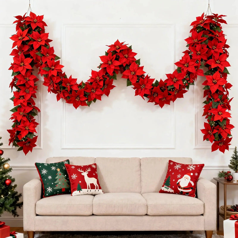 Artificial Poinsettia Wreath 242cm Red and Green Christmas Garland by House Of Avana
