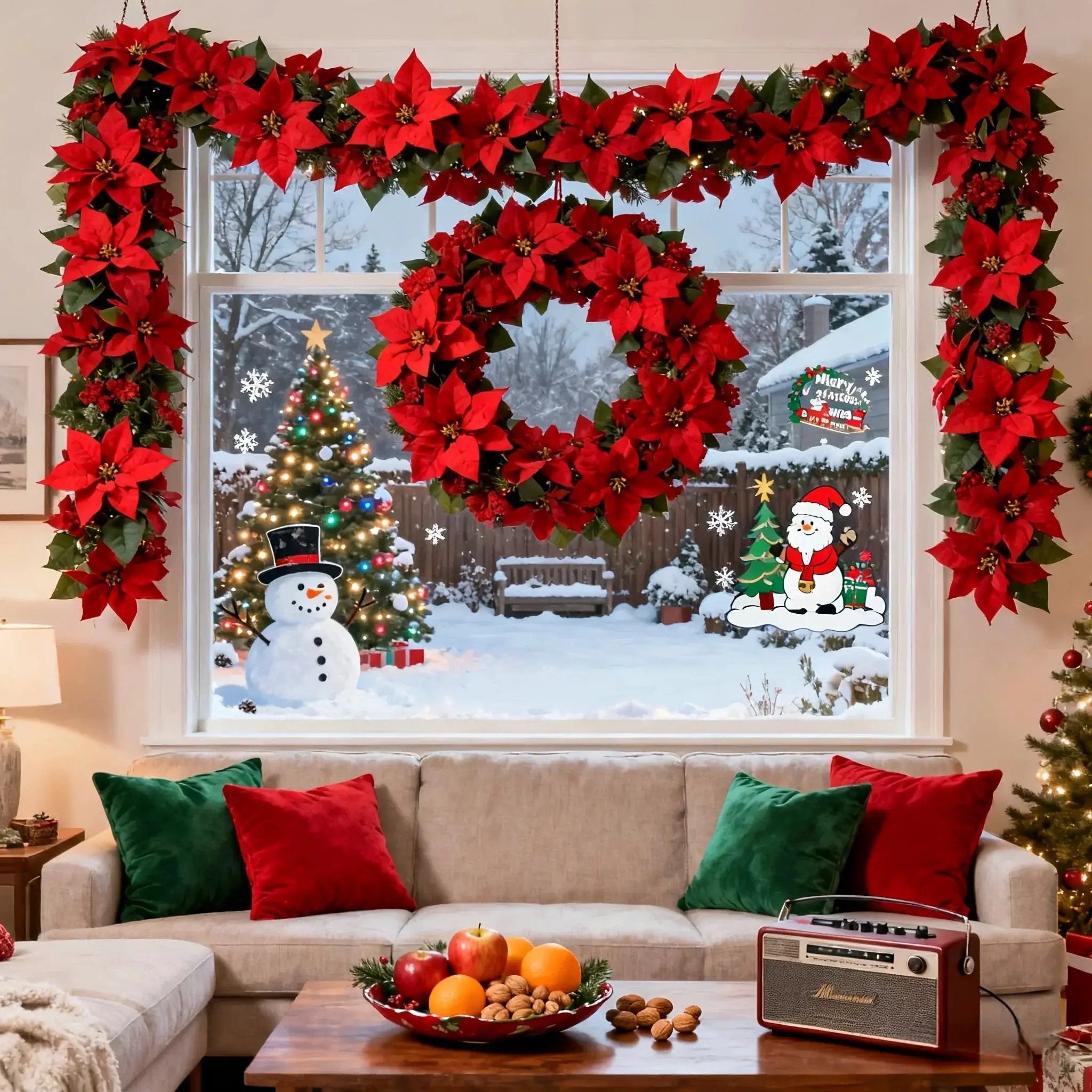 Artificial Poinsettia Wreath 242cm Red and Green Christmas Garland by House Of Avana