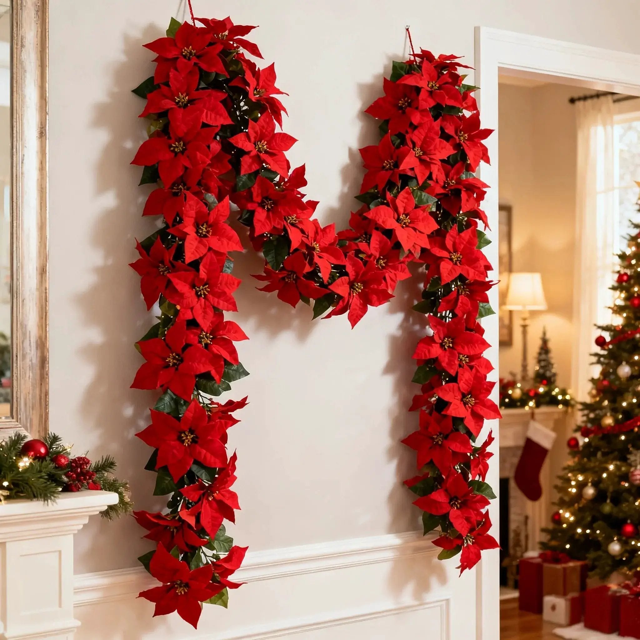 Artificial Poinsettia Wreath 242cm Red and Green Christmas Garland by House Of Avana