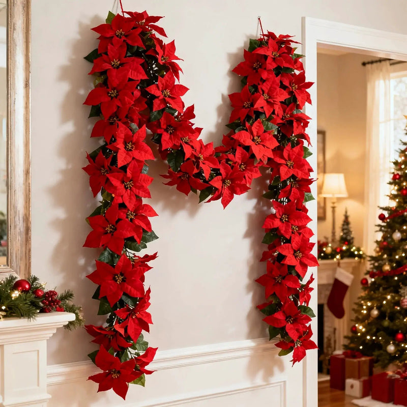 Artificial Poinsettia Wreath 242cm Red and Green Christmas Garland by House Of Avana