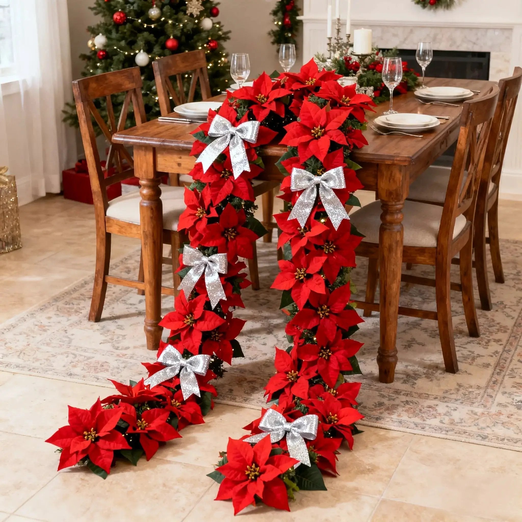 Artificial Poinsettia Wreath 242cm Red and Green Christmas Garland by House Of Avana
