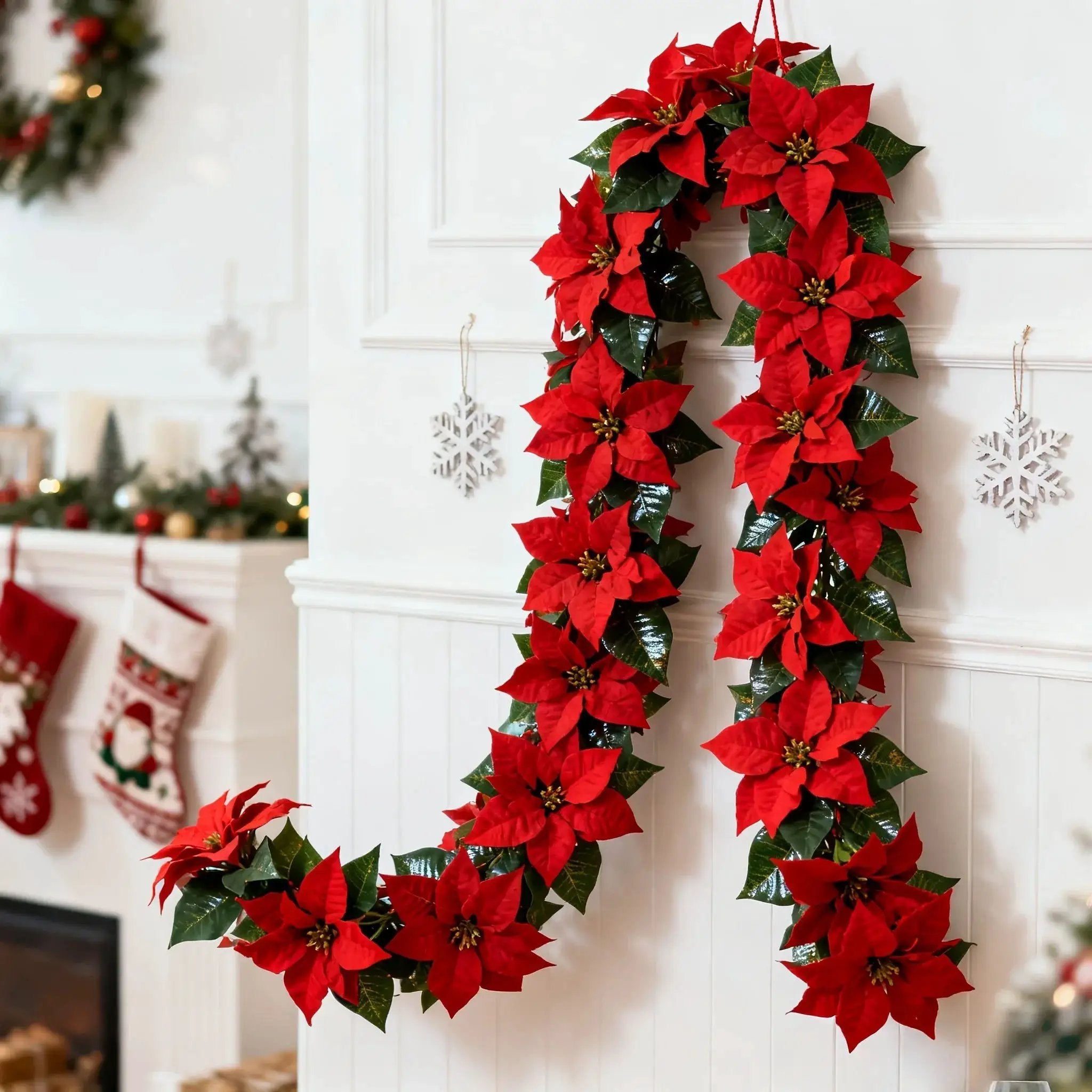 Artificial Poinsettia Wreath 242cm Red and Green Christmas Garland by House Of Avana