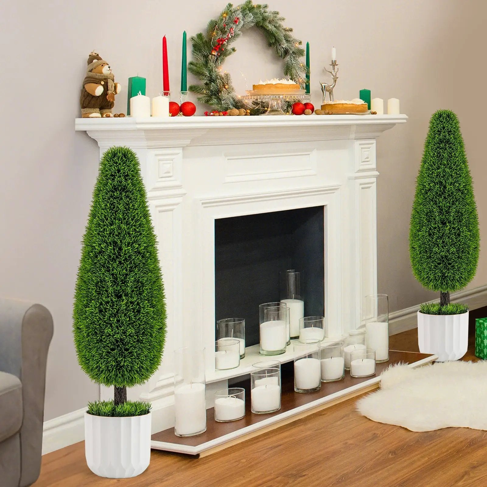 2 Pack 3 Feet Artificial Cedar Teardrop Shaped Bush with Plastic Nursery Pot-Green by DirectDeals
