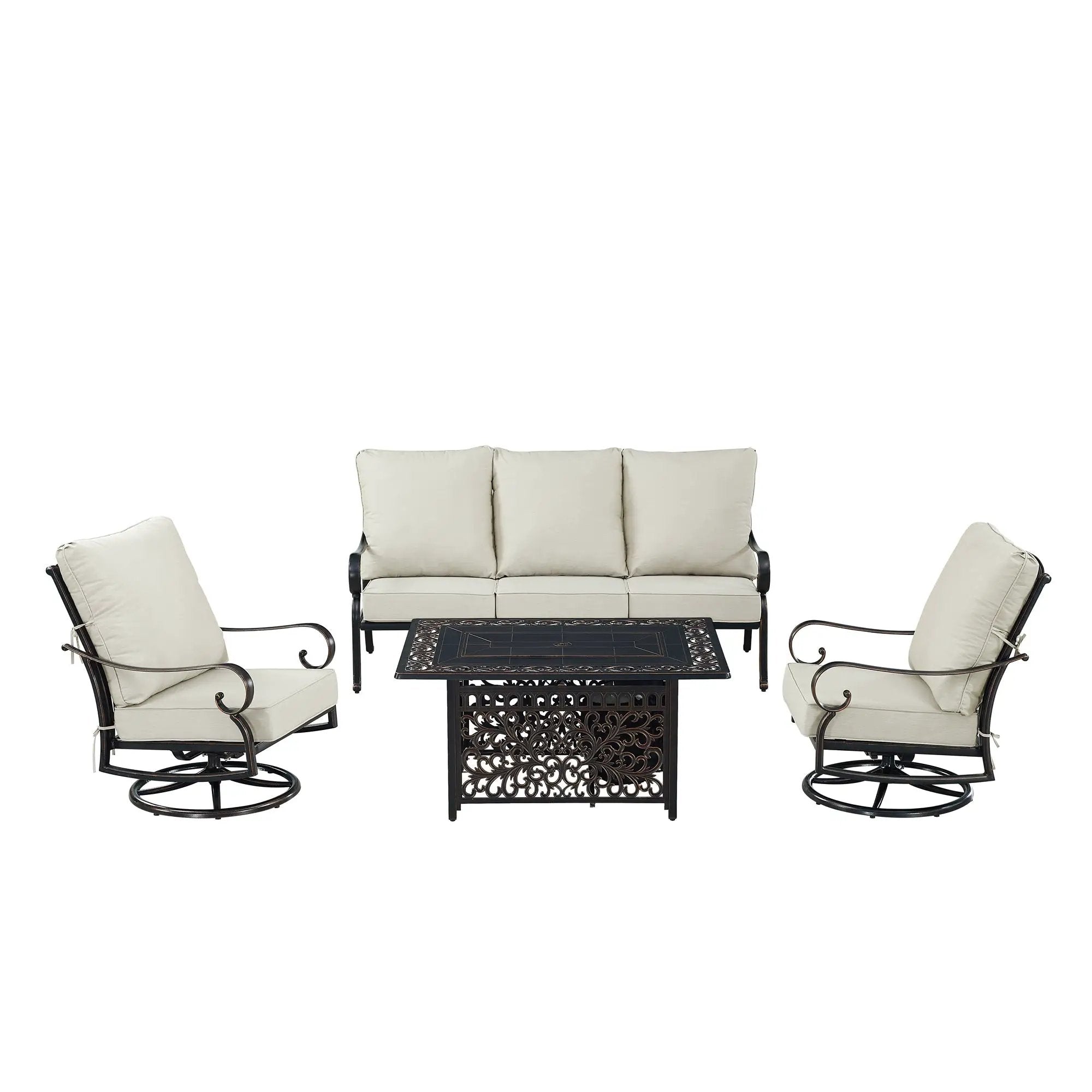 Black Aluminum Fire Table Set with Sofa and Two Club Chairs by Sharicks